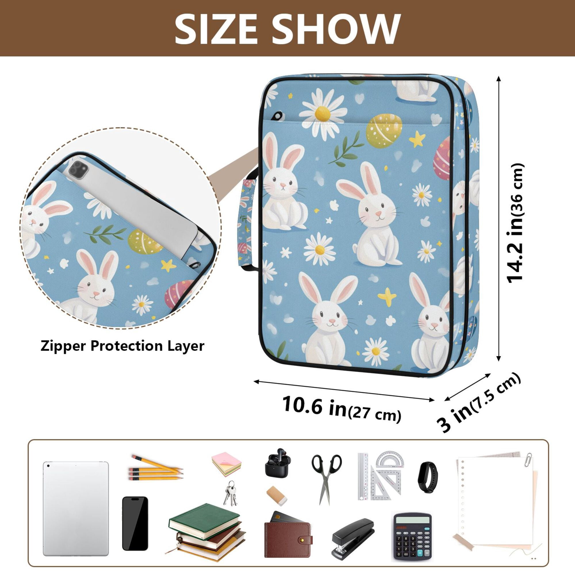 FORMRS Accordion File Folder A4 Size 7-Pocket Expanding Document Organizer Bag with 3 Ring Binder, Cartoon Easter Bunnies