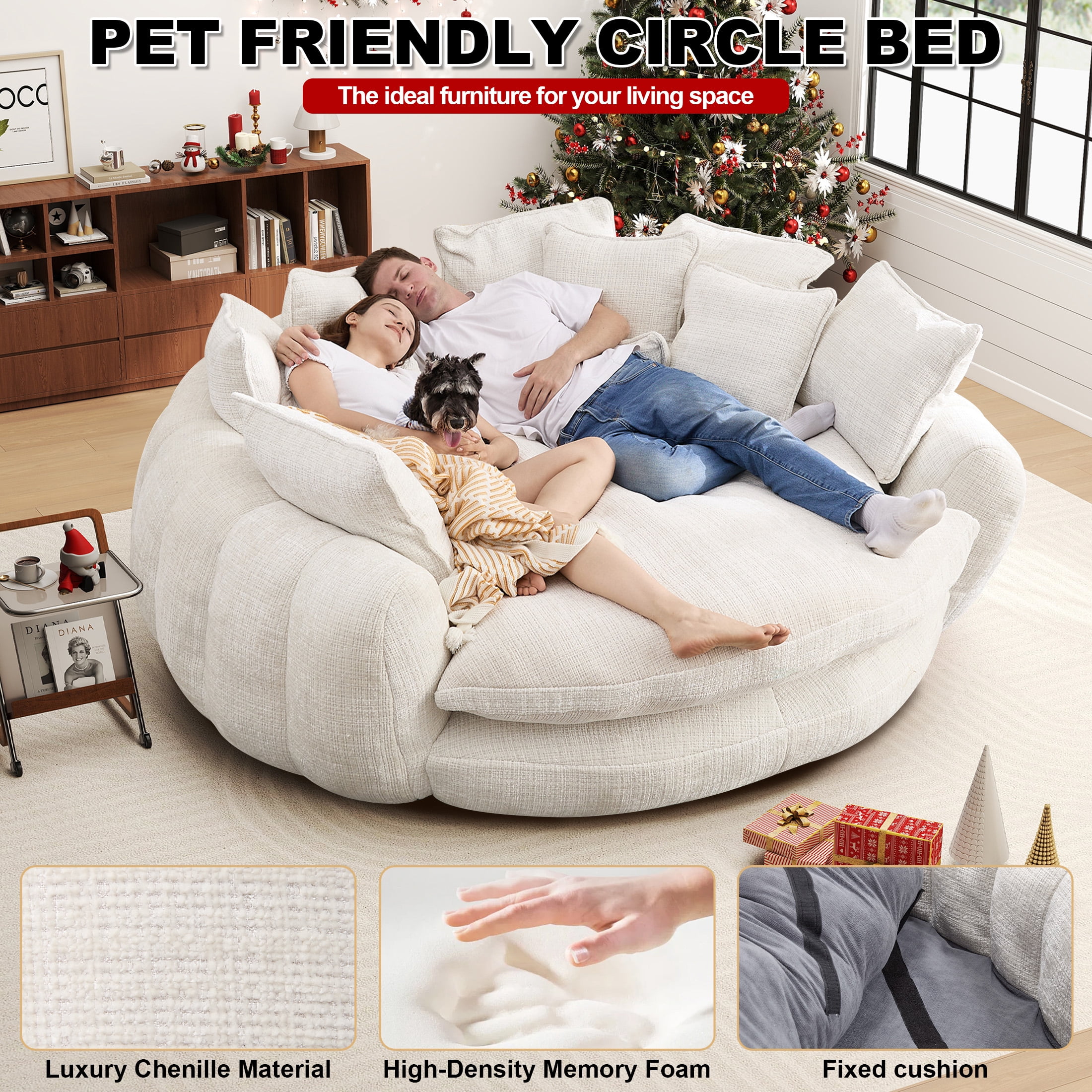 Aukfa 81.1" Oversized Cloud Couch Sleeper Sofa with Round Chaise Lounge, Modern Chenille Upholstered Boneless Sofa with Memory Foam and 14 Pillows, Beige