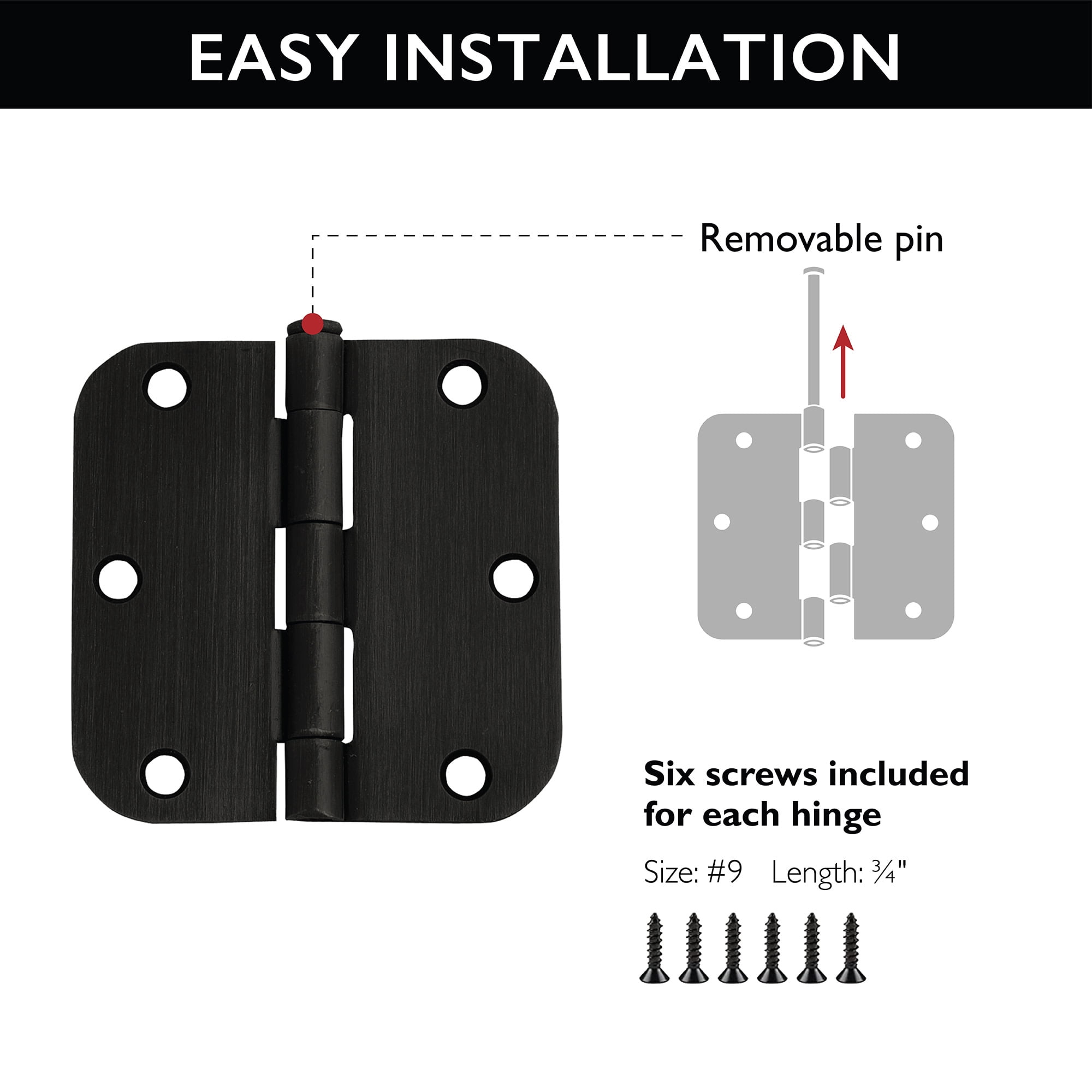 Design House Steel 3.5" x 3.5" Interior Door Hinges with Rounded 5/8" Radius (12-Pack)