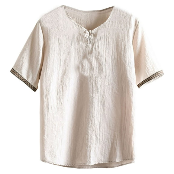 Men's Linen Shirt Short Sleeve Summer Shirt Vintage Men Casual Shirt Regular Fit Men Shirts Beige L