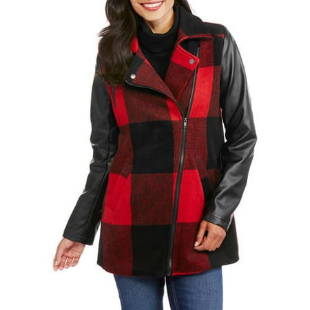 Maxwell Studio Women's Buffalo Plaid Faux Wool Coat With Faux Leather Sleeves