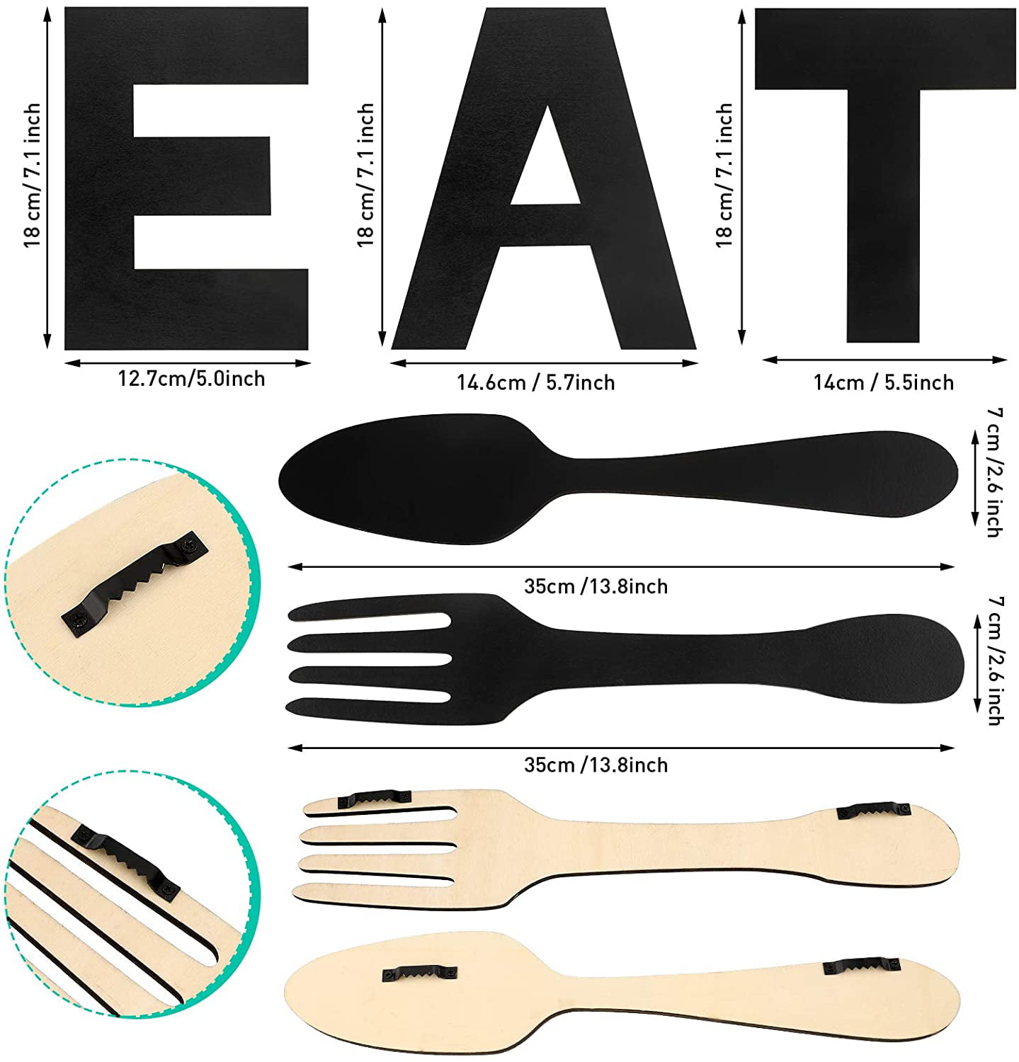 Black Fork and Spoon Wall Decor Rustic Wood Eat Decoration Set of EAT Sign 