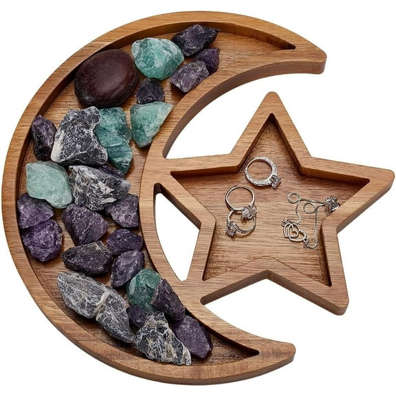 Wood Crystal Holder for Stones Moon Star Shape Wooden Tray Set Crystals Display Tray Crescent Bowl Moon Dish Saddle Brown Wood Storage Tray for Crystal Stones Jewelry Small Keys Mixed Color