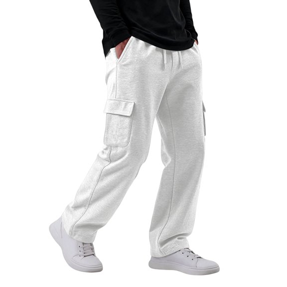 Men's Solid Color Fleece Cargo Sweatpants Loose Fit Wide Leg Sweats with Pockets