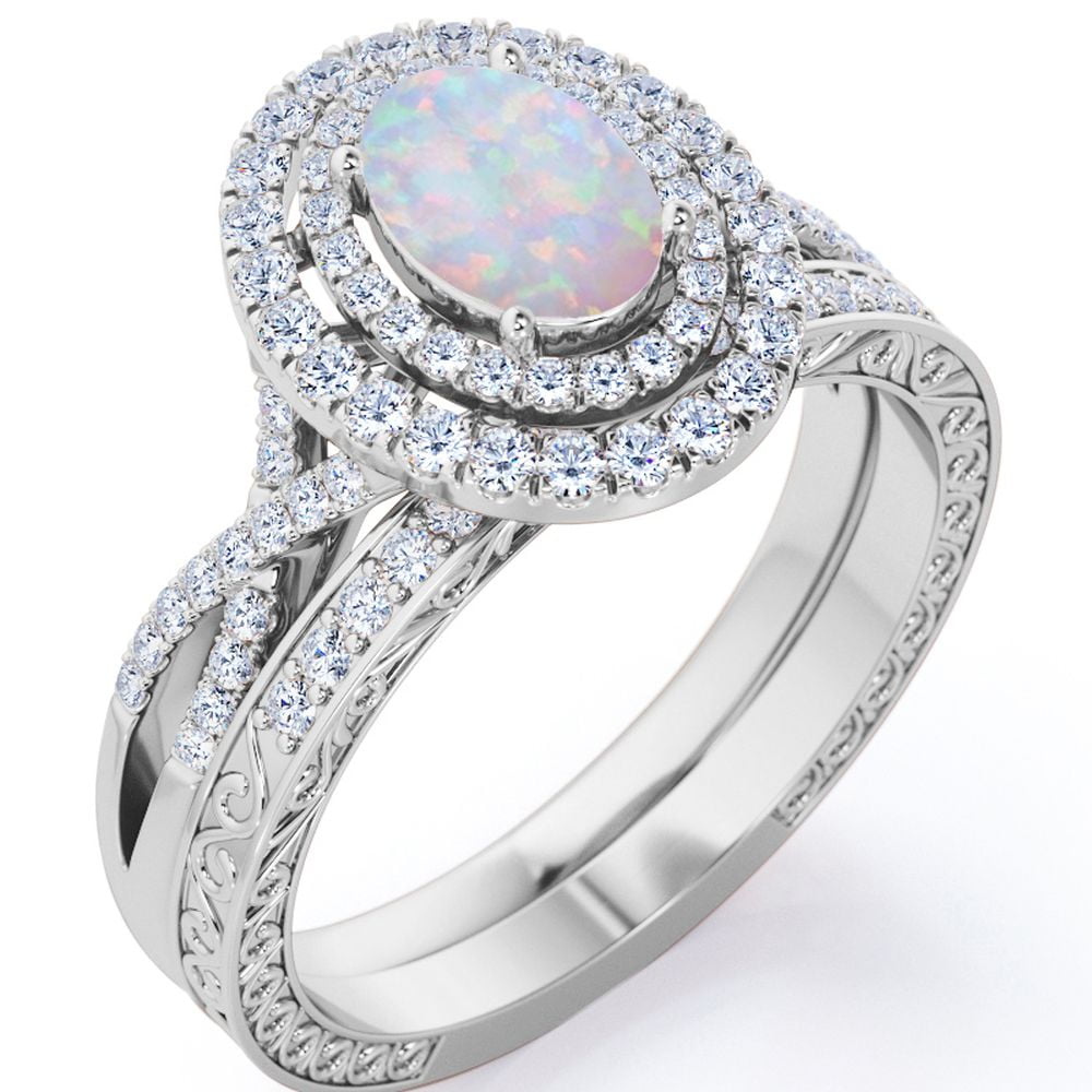 JeenMata Infinity Shank 1.5 Carat Egg-Shaped White Opal and Moissanite Pave Duo Halo Victorian Bridal Set in 18K White Gold Plating over Silver