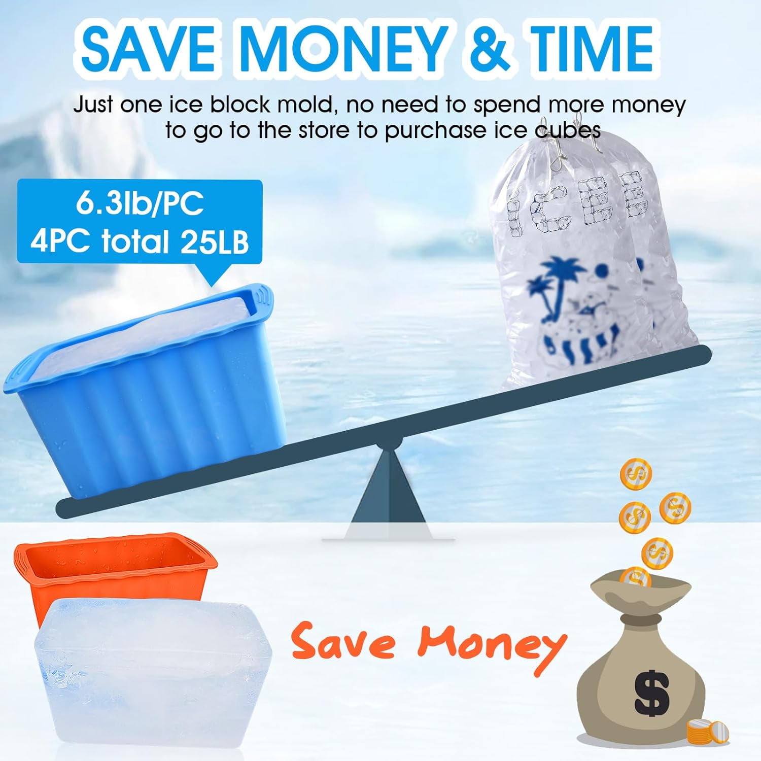 6PCLarge Ice Cube Molds 38LB Ice Bath Water Chiller Giant Ice Block Molds Silicone Ice Block Maker For Home, Thicker Big Ice Cube Tray Reusable Athletes Cold Plunge Accessories,Blue+Orange