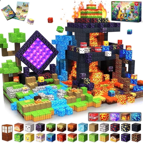 Annexfun Magnetic Blocks - 300 Pcs with Light Up Blocks Dinosaur Volcano Forest Castle Set - Kids Classroom Toy for Toddlers STEM, Construction Stacking Toy Kids 3 Birthday Gifts