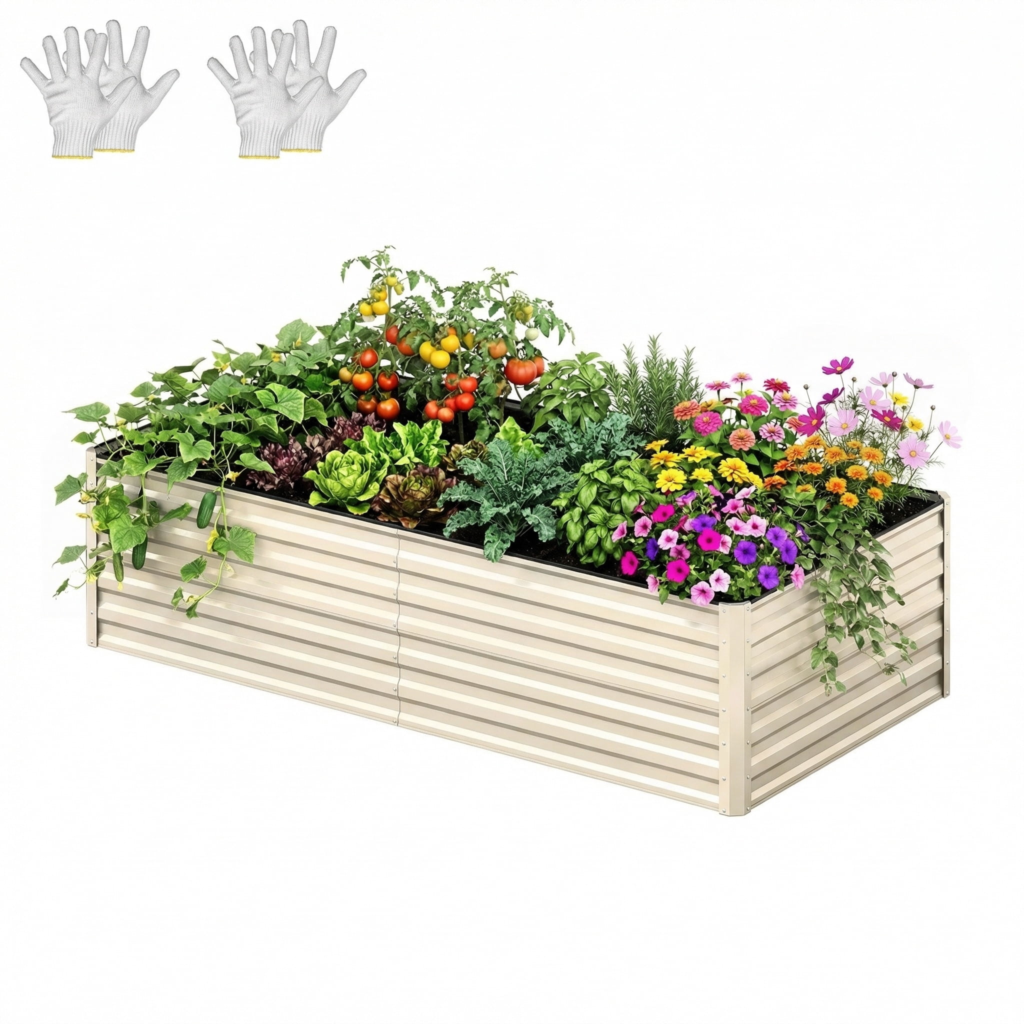 Uforic 6x3x2 ft Galvanized Raised Garden Bed Kit, Cream Metal Planter Box with Gloves, Ground Nails & Support Rod, Outdoor Above Ground Planter for Vegetables, Flowers, Plants