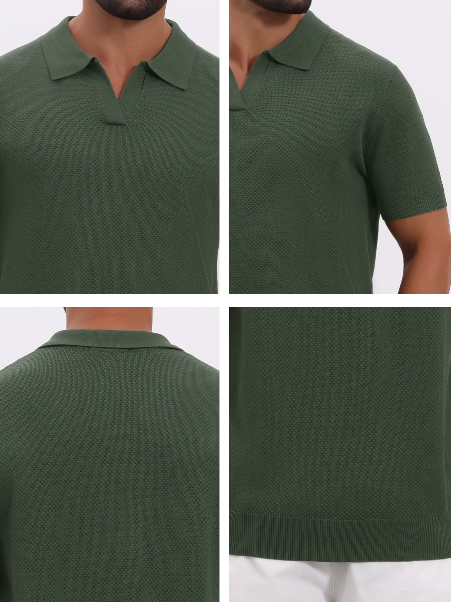 DARING DIVA Men's Textured Knit V Neck Short Sleeve Casual Golf Polo Shirt 2XL Olive Green