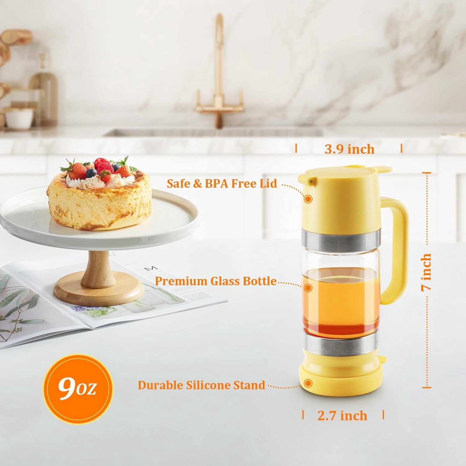 YANDEHoney Dispenser No with Base, 9oz Glass Honey Dispenser, Pressure Design for Quantitative Honey Extraction, Syrup and Jam, Honey Container with Handle (Yellow)