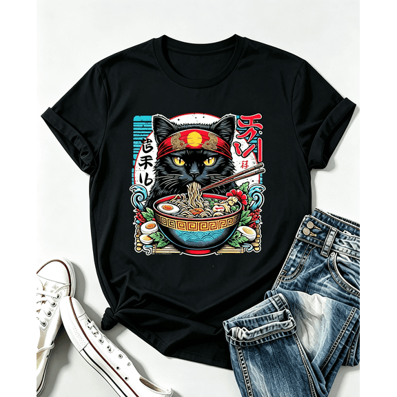 Men's & Women's Japanese Anime Kawaii Cat & Ramen Noodle T-Shirt