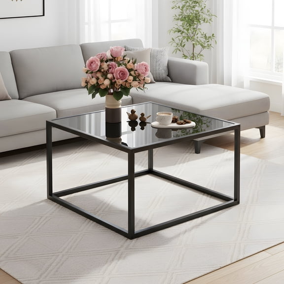 Black Tempered Glass Coffee Table - Modern Square Accent Table for Living Room