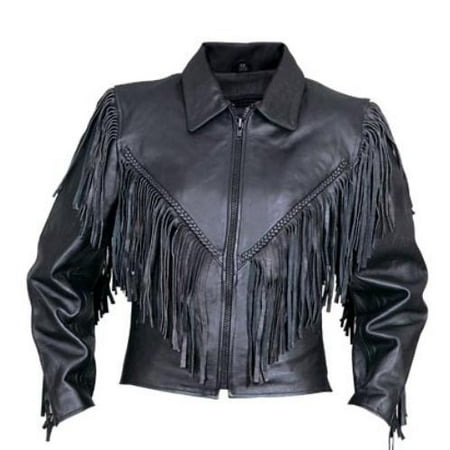 Ladies Large Size fringe Cowhide Leather Braided trim on the front back & sleeves Biker
