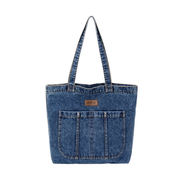 Large Denim Tote Bag for Women Men, Vintage Canvas Shoulder Handbag with Multiple Front Pockets & Zipper Closure, Lightweight Casual Purse for Work Travel Shopping