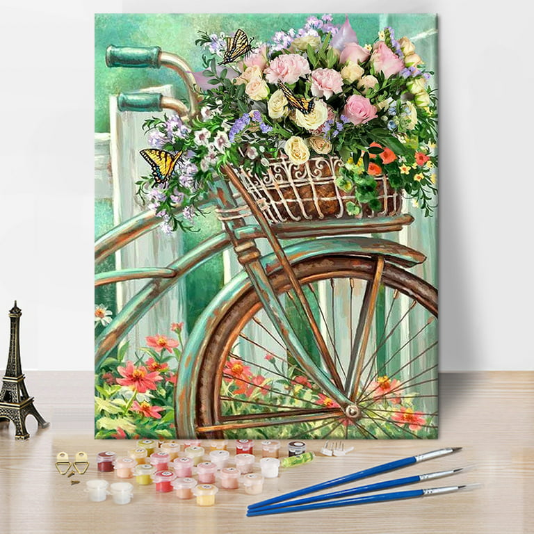 Tishiron Paint by Numbers for Adults,16x20 inch Canvas Wall Art Flowers in Bicycle Basket Oil Painting by Numbers Kit for Beginner (Frameless), Size