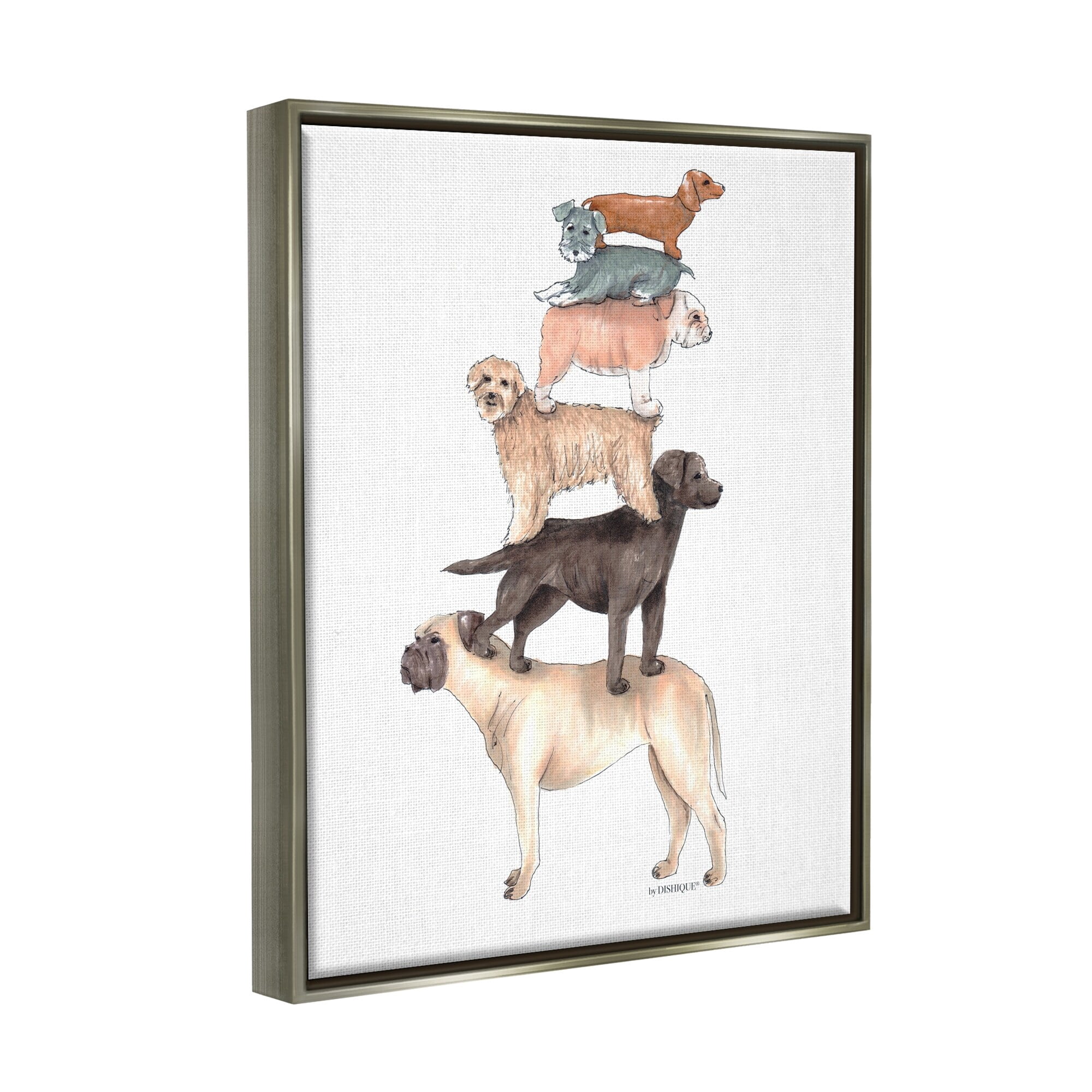 Stupell Industries Mixed Stacked Dog Breeds Standing Balancing Illustration Graphic Art Luster Gray Floating Framed Canvas Print Wall Art, Design by Dishique