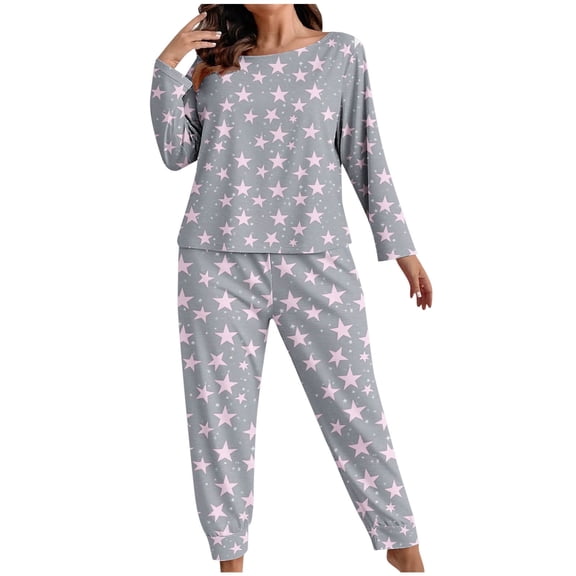 Tnhcen Plus Size 2 Piece Pajamas Set for Women Crew Neck Long Sleeve Lounge Sets Heart Print Sleepwear Soft Loungewear XL-5XL