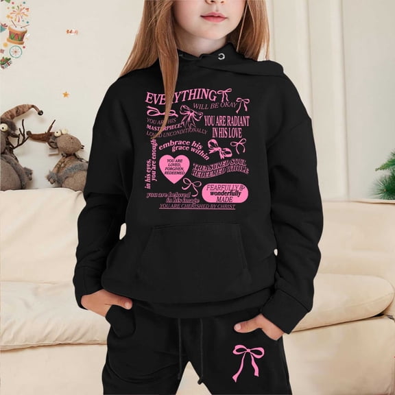 FASHOFT Girls 2 Piece Outfits Sweatsuit Kids Bow Graphic Hoodies Sweatshirt and Sweatpants Set with Pockets Valentines Day Tracksuit Black