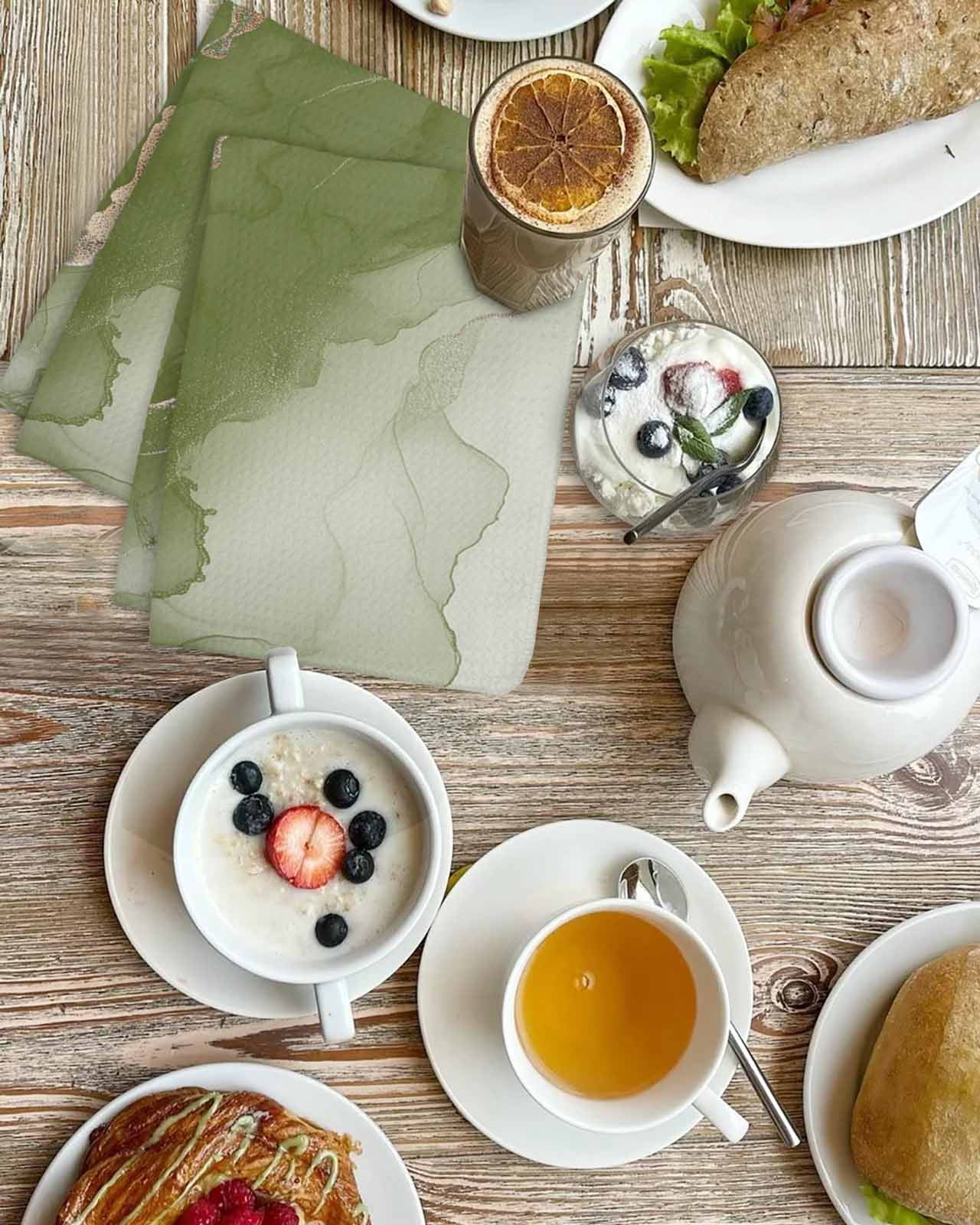 Sage Green Marble Kitchen Dish Towels for Drying Dishes Set of 4, Modern Ombre Abstract Ink Painting Art Waffle Weave Microfiber Hand Tea Bathroom Towels Quick Dry & Absorbent Towel 15.7x23.6