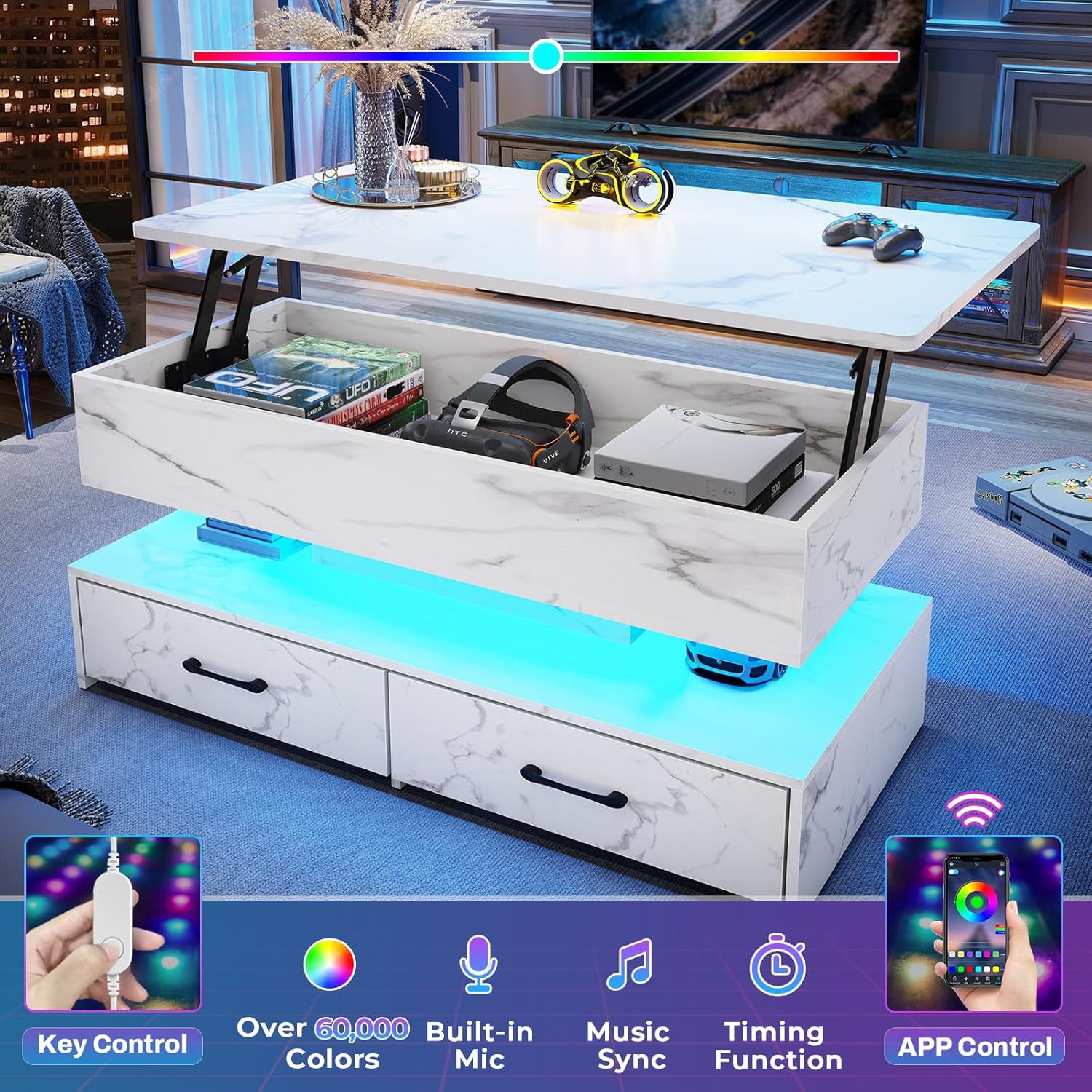 40" Lift Top Coffee Table with Storage, Modern Coffee Table with LED Lights and 2 Drawers, Small Coffee Table for Living Room, Dining Reception Room, White Marble