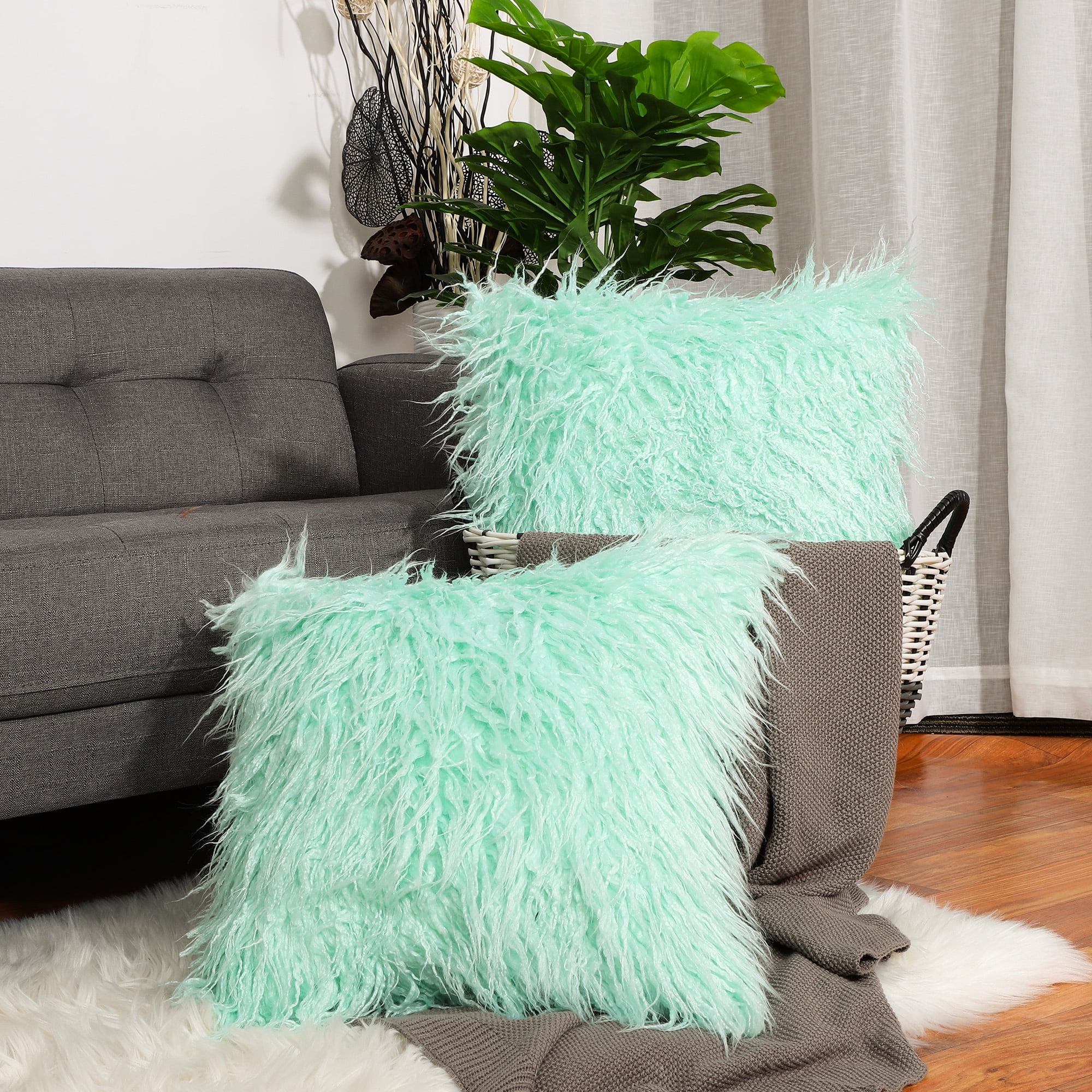 2Pcs Shaggy Faux Fur Decorative Throw Pillow Case Covers 18" x 18" Green - Walmart.com - Walmart.com