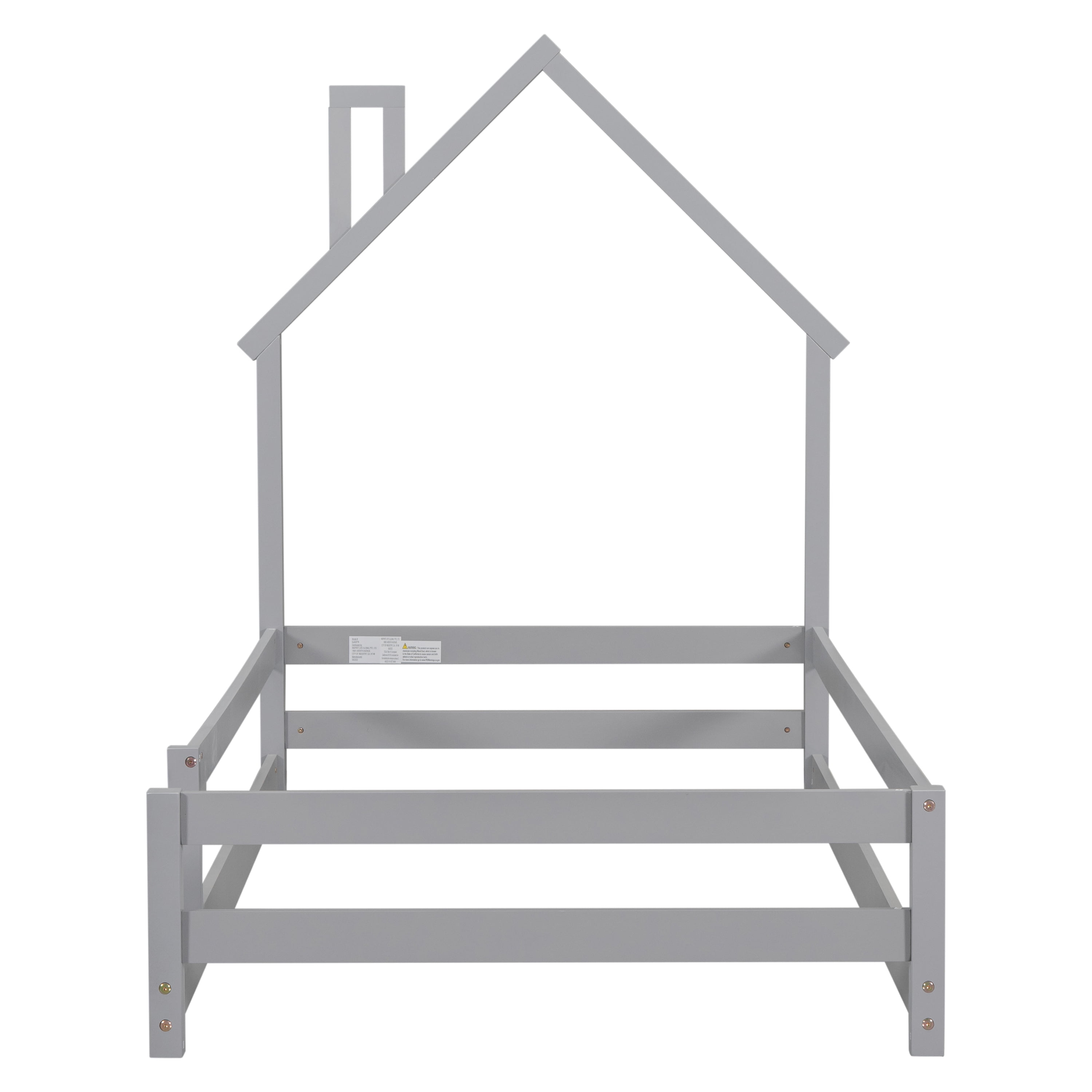 Euroco Twin Size House Bed, Low Profile Floor Bed with Chimney, Gray