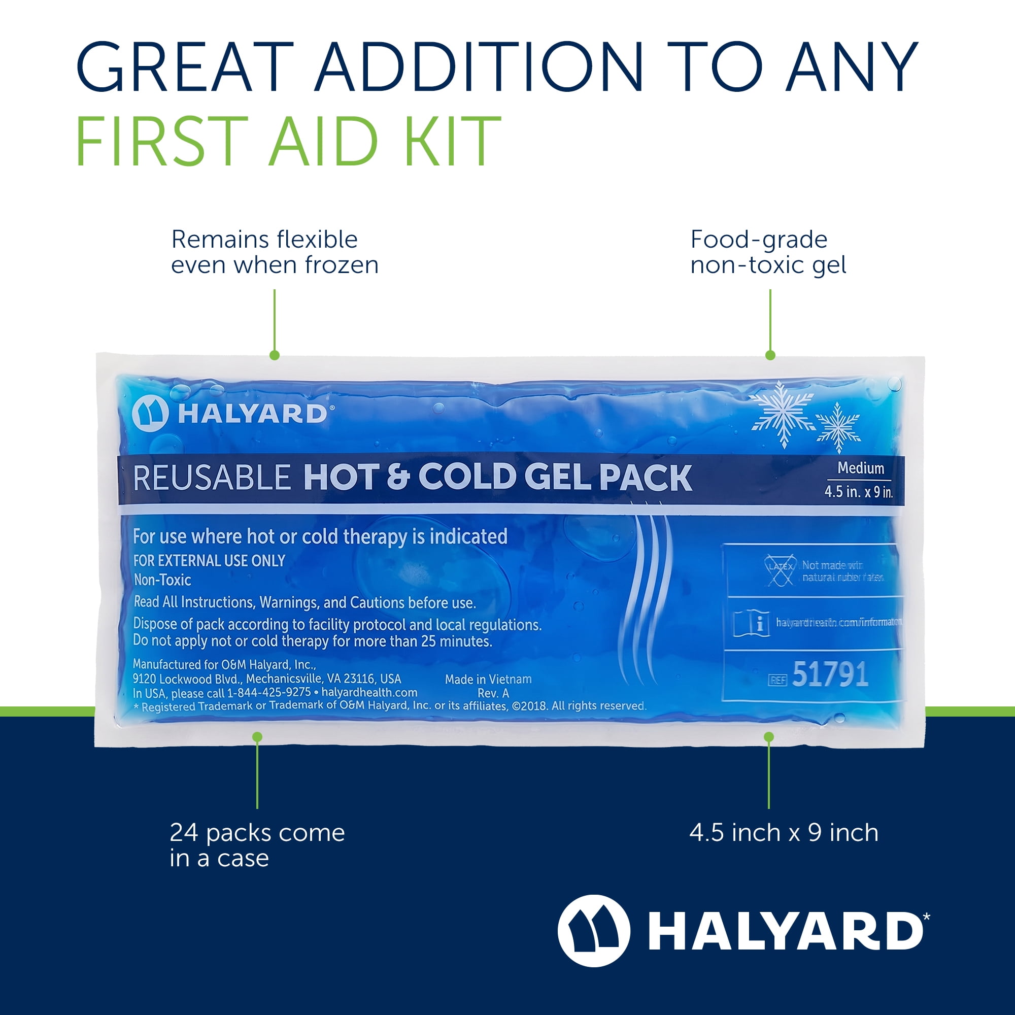 HALYARD Reusable Hot and Cold Gel Compression Packs for Injuries Pain Relief Swelling 4.5 x 9 Inches, Case of 24 - 51791