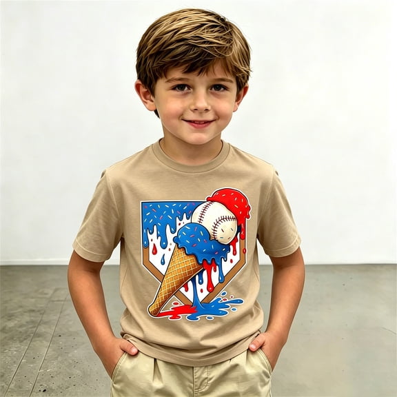 Boys Baseball Ice Cream Short Sleeve Graphic T-Shirt (Khaki 10-11 Years)