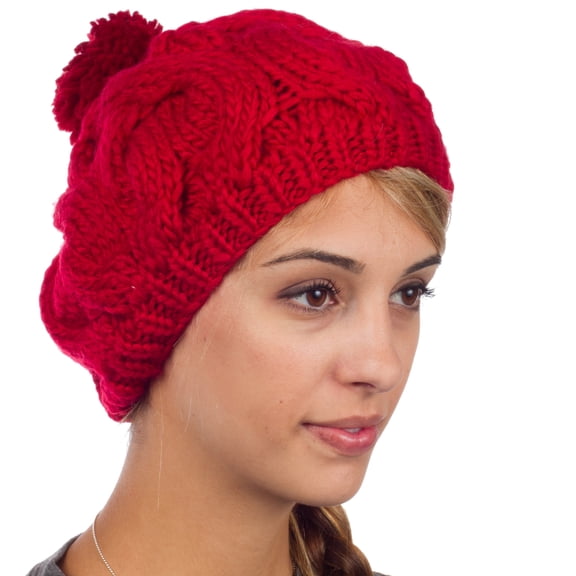 Sakkas Cable Knit Pom Pom Thick Slouch Hat - Burgandy - One Size