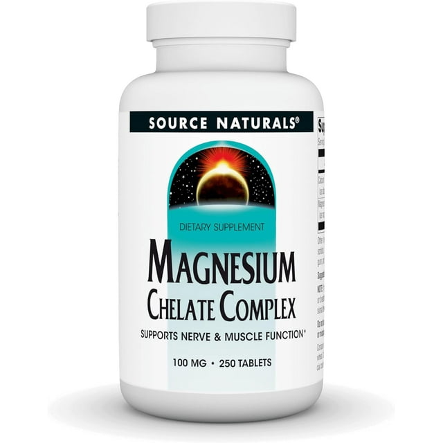 Source Naturals | Magnesium Chelate Complex 100 mg, 250 Tabs | Complejo de quelato de magnesio 100 mg, 250 Tabletas, Apoya la función Nerviosa