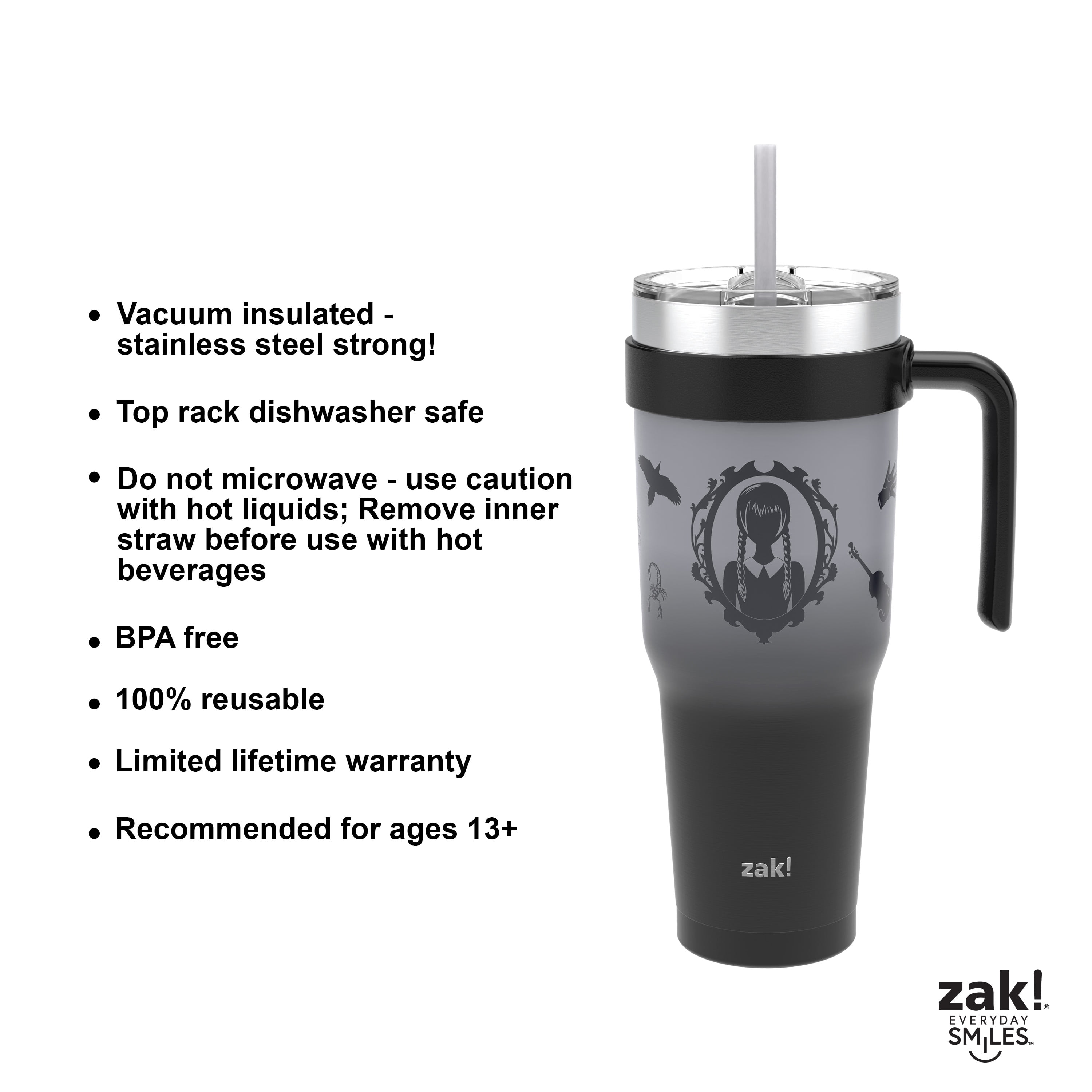 Zak Designs 40oz Wednesday Straw Handle Tumbler, Stainless Steel Vacuum Insulated Waverly Tumbler Featuring a Sliding Lid