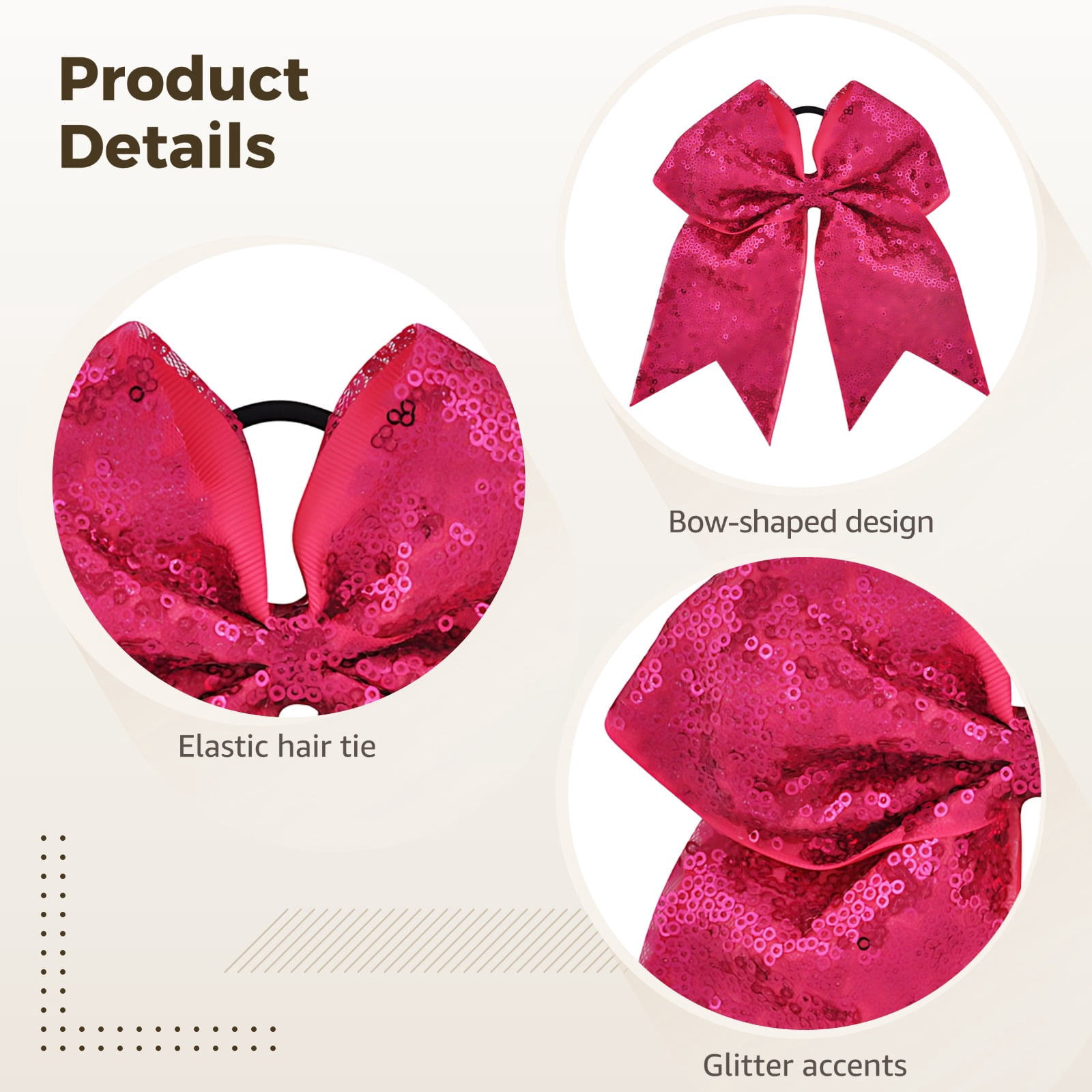 16 Pcs Hot Pink Glitter Cheer Bows, 7.5 Inch Large Sequins Ponytail Holders for Cheerleading, Sports, Dance, Elastic Hair Ties for Women and Ladies