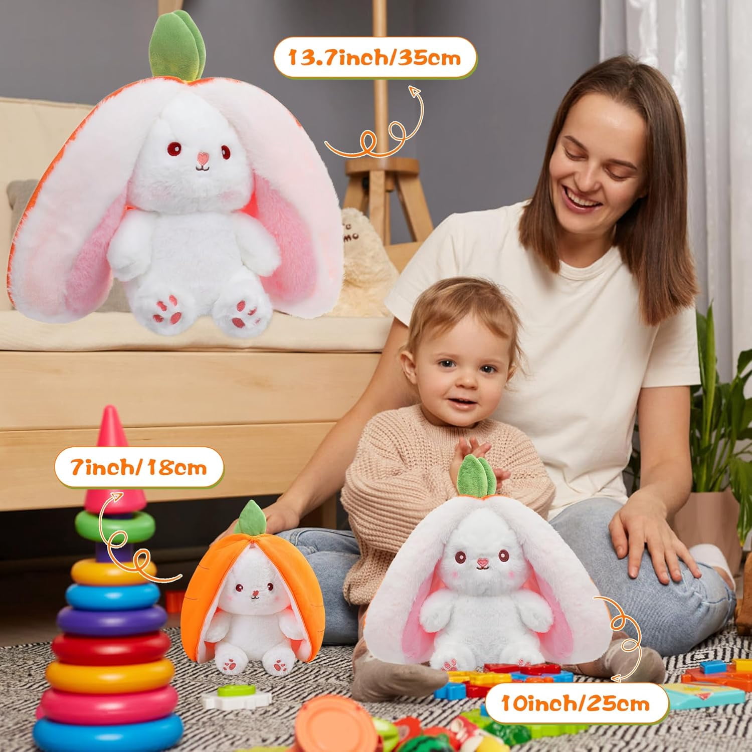 13.7 inch Easter Bunny Stuffed Animal, Kawaii Squishy Cute Easter Bunny Plush Turn Into Rabbit Fruit Doll Carrot Strawberry Pillow, Plushies Funny Bunny Toy for Baby