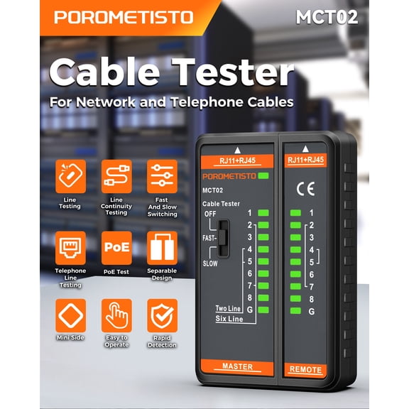 POROMETISTO MCT02 Cable Tester RJ11 RJ45 Telephone Line Continuity Tester LED Display POE Lan Cable Tester Network Repair Tool