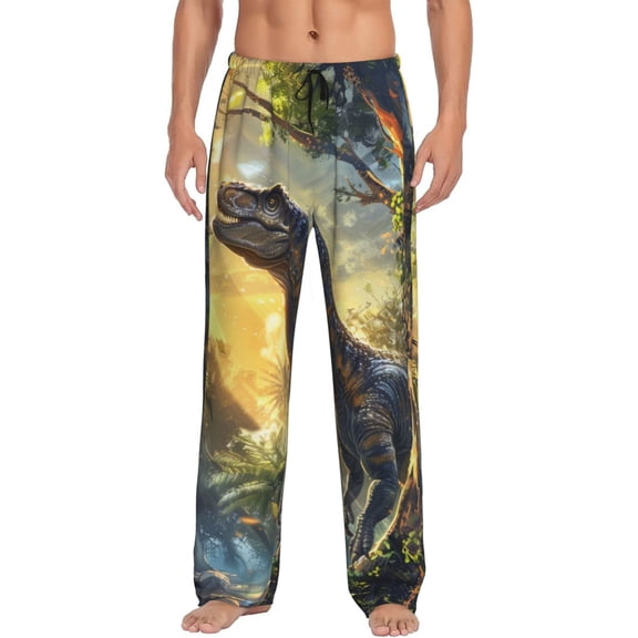 Gukieu Sunshine Jungle Dinosaur Print Men's Home Trousers, Elastic Drawstring Home Pajamas Clothing Suitable for Adult Men-Small