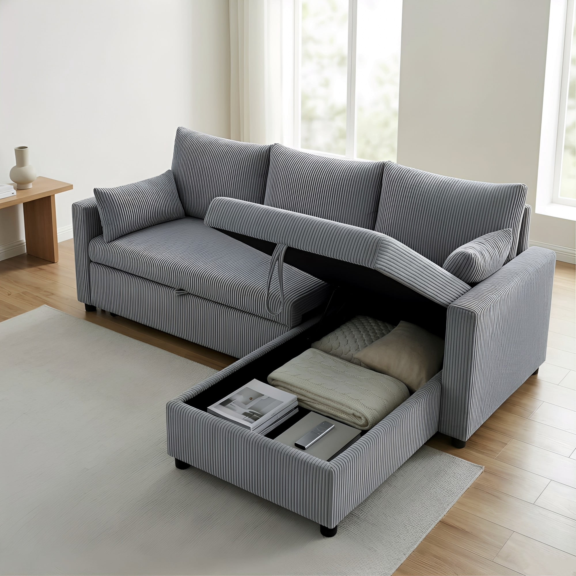 Gewnee 3-Seater Corduroy Sectional Pull Out Sleeper Sofa Bed with Storage, Couch for Living Room, Apartment, Office, Dark Gray