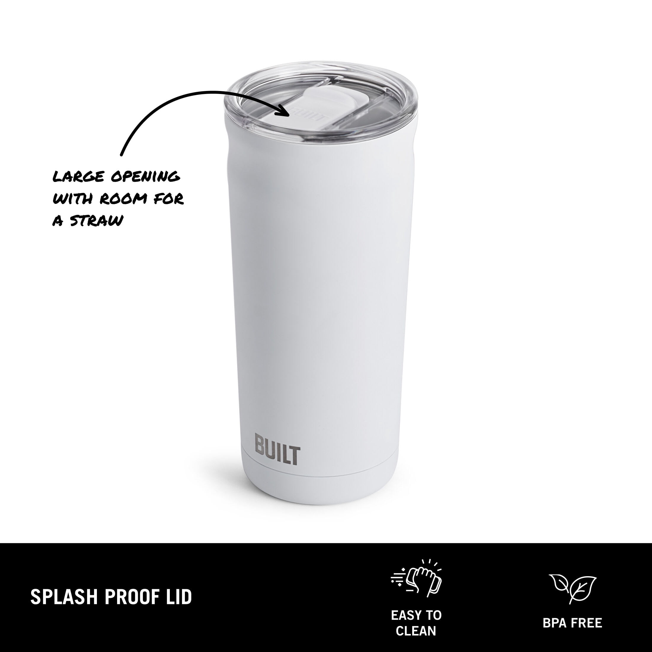 BUILT Torrent 20 fl oz Double-Wall Insulated Tumbler with Slider Lid, White