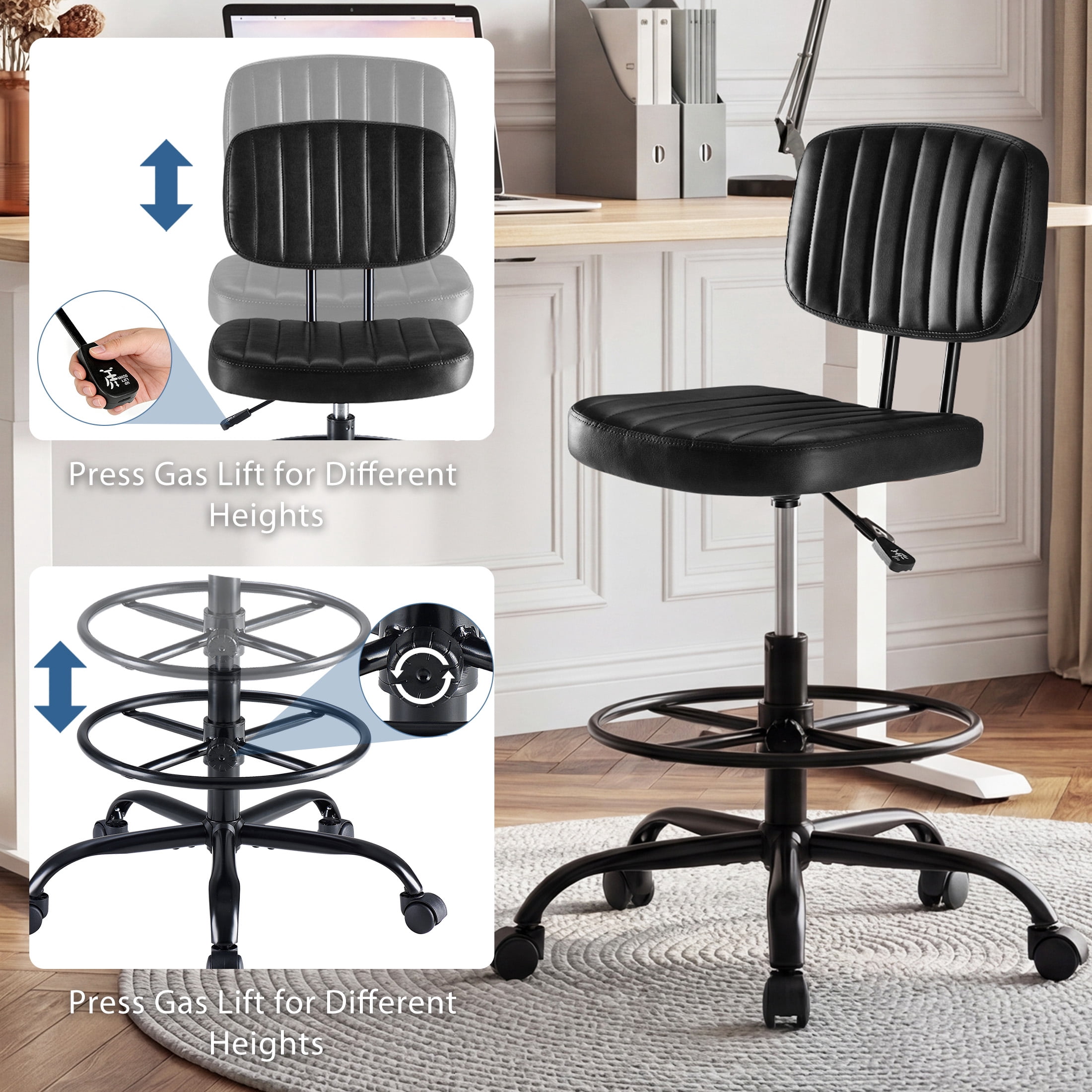 edx Adjustable Height & Foot Rest Office Desk Chairs with Backrest, PU Leather Modern Rolling Stool with Wheels 360°Swivel Task Chair for Home Office Bar Kitchen Shop(Black)