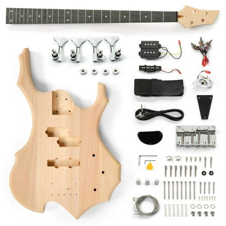 Ktaxon DIY Electric Bass Guitar Kits 4 String with Mahogany Body, Ebony Fingerboard and Maple Nec - Flame