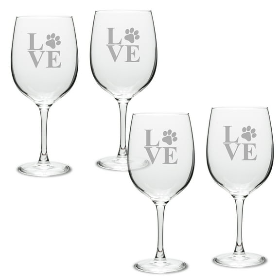 Paw Print LOVE Deep Etched Classic Red Wine Glass Set of 4