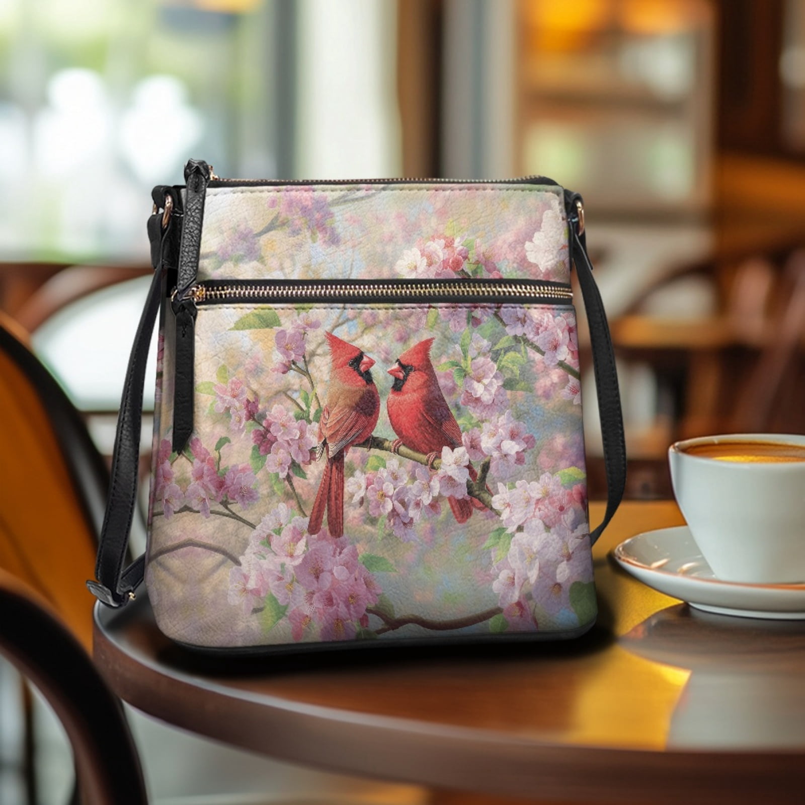 ZUXONGSY Cardinal Cherry Blossom Print Leather Crossbody Bags for Women Lightweight Travel Bag purpose Shoulder Purse Bag Messenger Bag with Adjustable Strap for Working Dating
