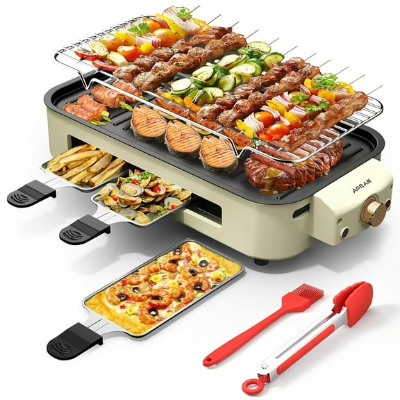 1500W Indoor/Outdoor Electric Grill & Oven Combo, Adjustable Temp, Non-Stick Surface, Dishwasher Safe, Stainless Steel, Compact for Apartments