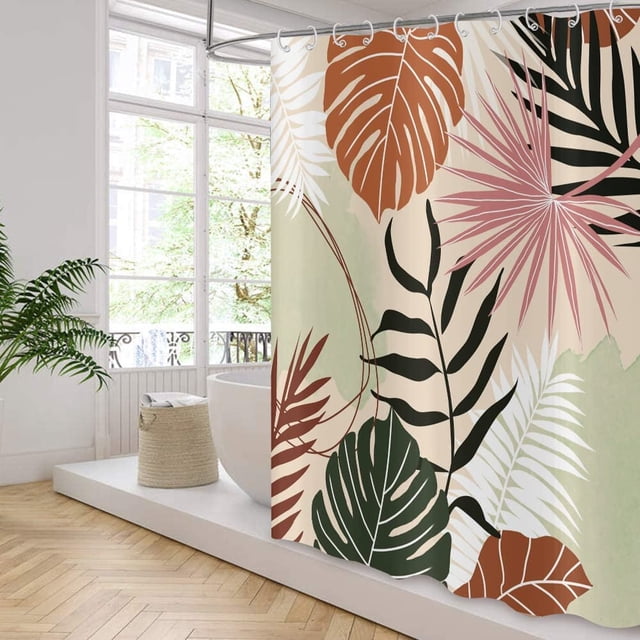 Boho Abstract Shower Curtain, Terracotta Green Beige Mid Century Abstract Tropical Leaf Geometric Bohemian Bathroom Curtain Waterproof Fabric Machine Washable with 12 Hooks