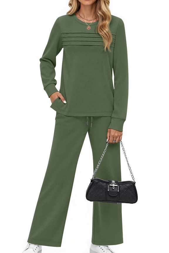 Two Piece Sets for Women Fall Travel Vacation Outfits Pleated Long Sleeve Lounge Sets Wide Leg Pants
