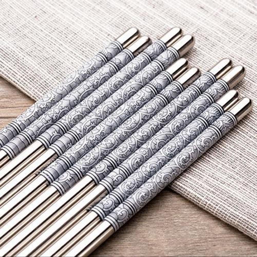 Reusable Blue White Vine Pattern Chinese Style Stainless Steel Chopsticks Pair 