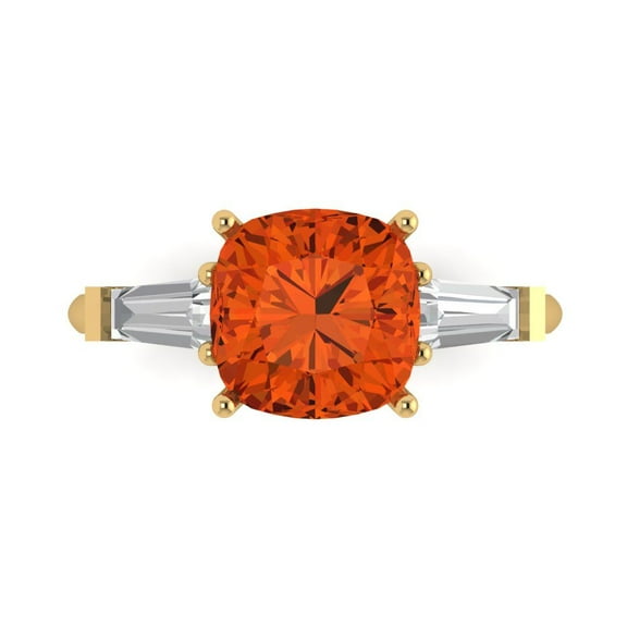 3 ctw 3 Stone Anniversary Ring for Women | Cushion Cut Simulated Red Diamond | Hyperallergenic Solid 14K Yellow Gold