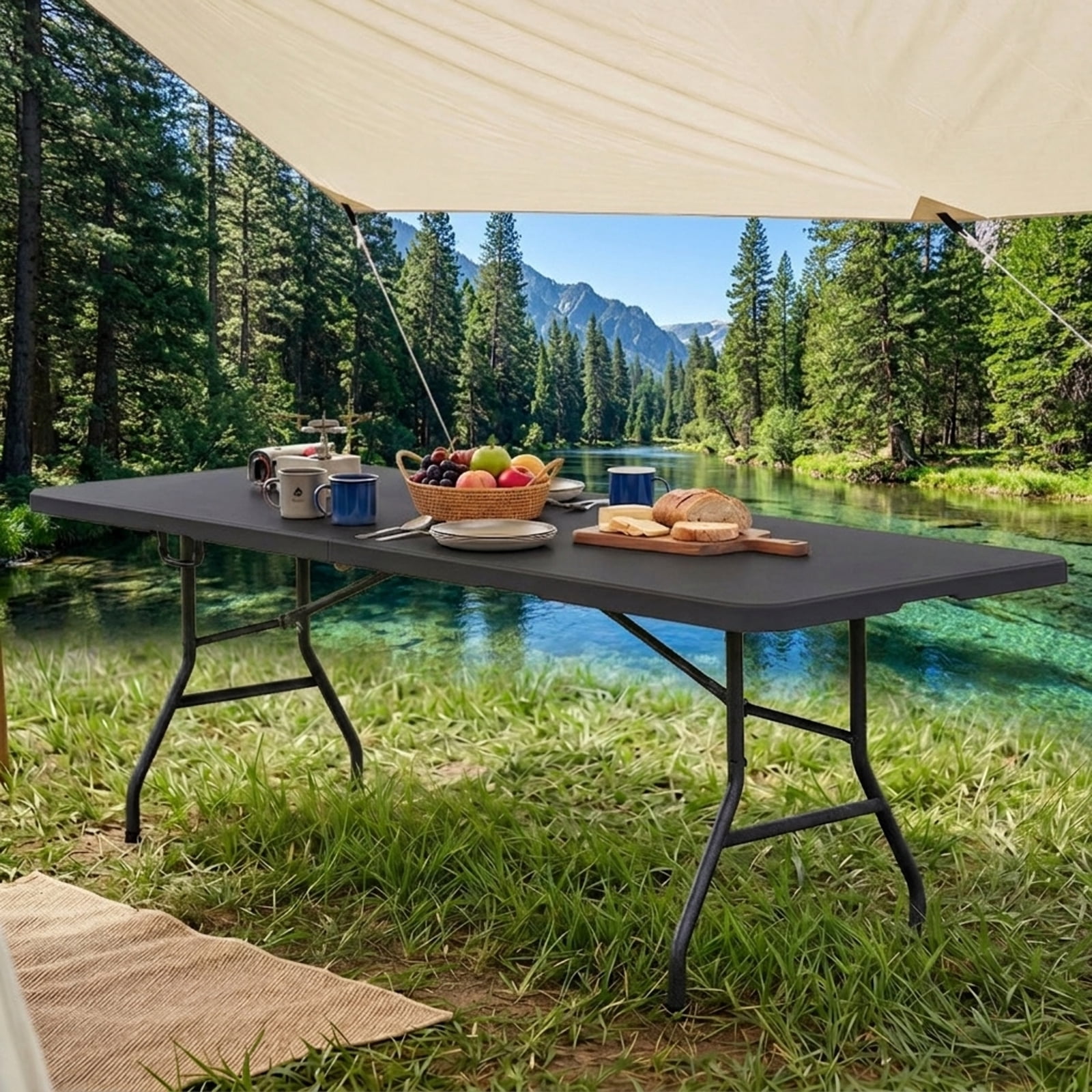 Furnibear 8 ft Portable Folding Table Fold in Half Camping Table with Weatherproof HDPE Tabletop, Heavy Duty Metal Legs, Safety Lock and 350 LBS Capacity for Picnic Camping, Black