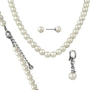 Believe by Brilliance Womens Simulated Pearl Necklace Set in Fine Silver Plated Brass