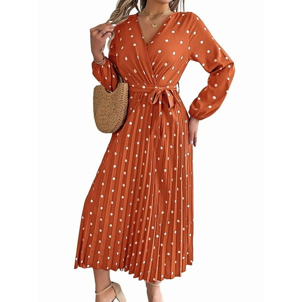 Vestido Plisado de Larga con Cuello en V y Lunares para Mujer, Informal, Holgado y con Cinturón Color Naranja S