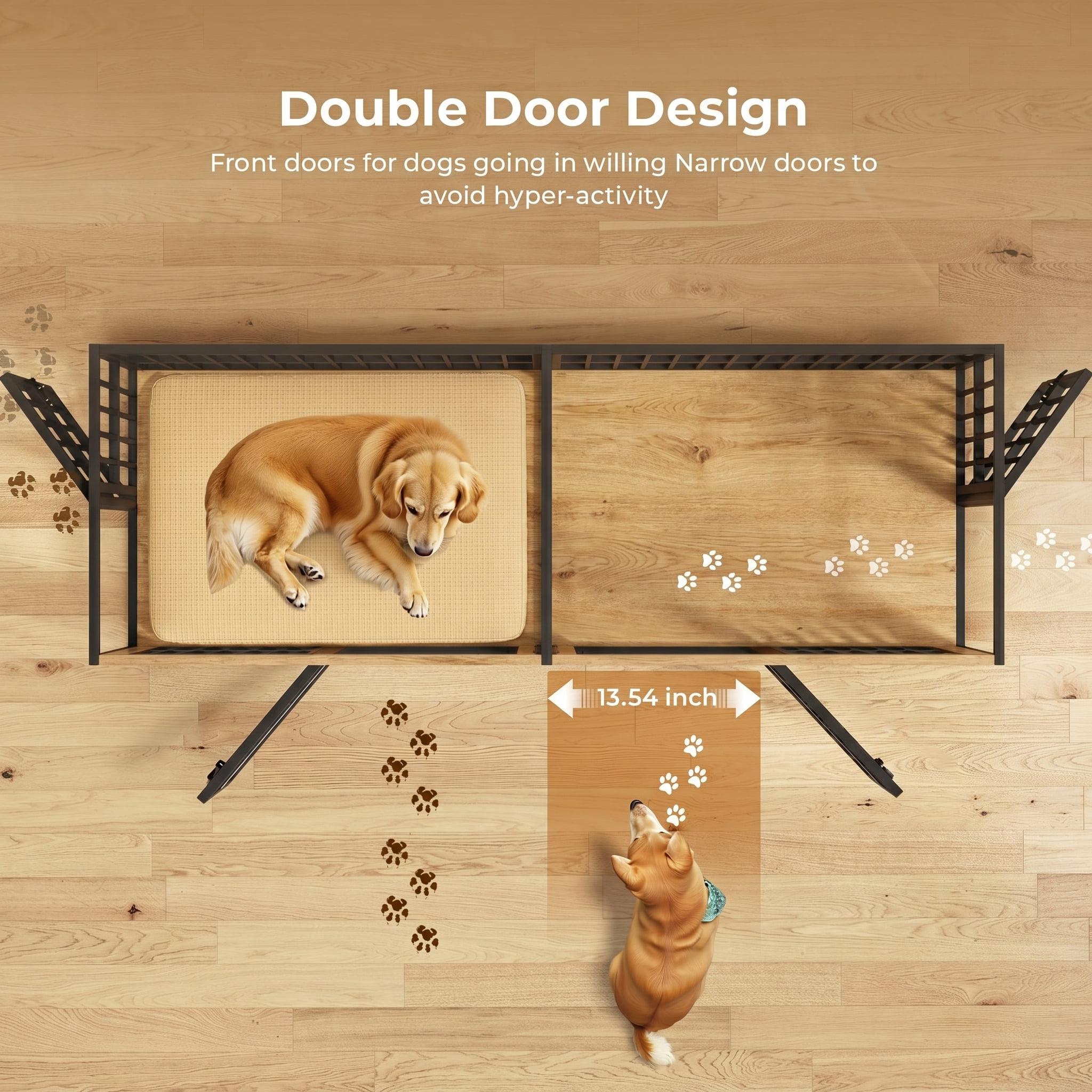 Ironovahome 88" Dog Crate Furniture for 2 Large Dogs with Sturdy Removable Divider and Double Doors, XXL Extra Large Indoor Dog Kennel, Thick Heavy Duty Wooden Dog Cage, Ivory